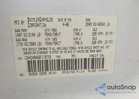 2006 Dodge Durango Slt z USA, uszkodzony, nr VIN 1D4HD48N66F178759